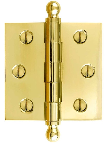 2 1/2 inch Solid Brass Butt Hinge With Ball Finials - 1/8 inch thickness in Polished Brass Finish.